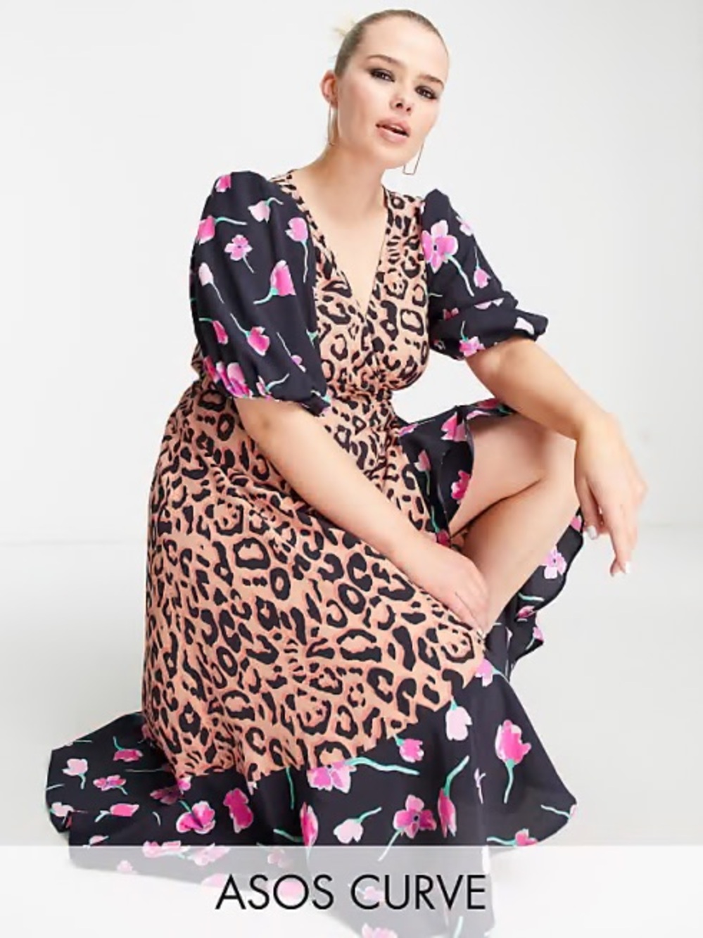 ASOS Curve Leopard-Print Wrap Midi Dress with Pink Floral Trim